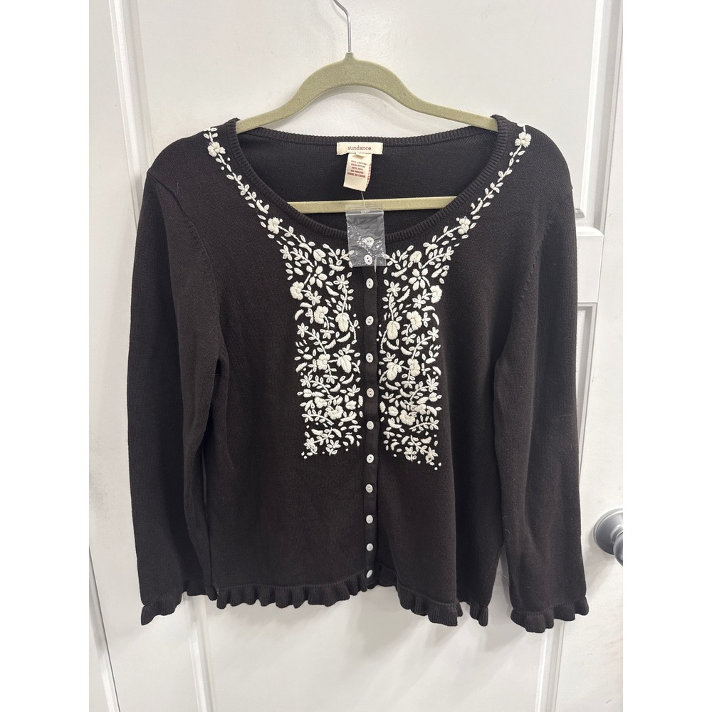 Sundance Womens Floral Embroidered Ruffle Cardigan Brown Silk Blend M NWOT